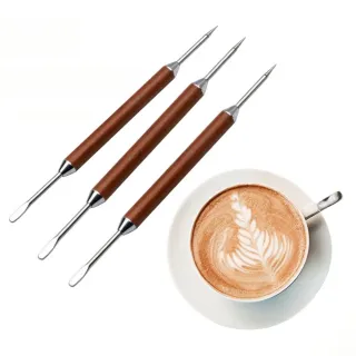 【妙筆生花】花梨木咖啡拉花針3入(雕花針 拉花棒 木柄 奶泡針 花式咖啡 器具 居家 DIY 咖啡廳 鉤花)