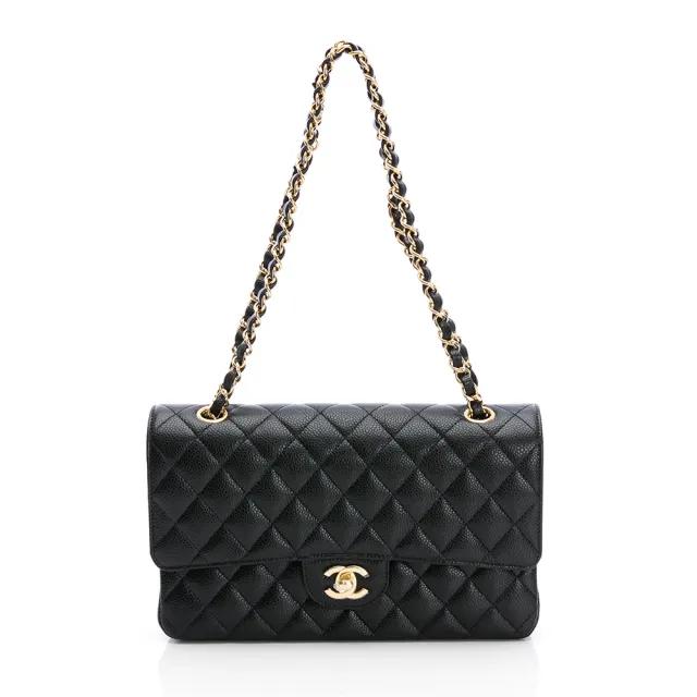 【CHANEL 香奈兒】Classic Flap bag Medium粒面/中型菱格/金黑雙色鏈帶-25cm(黑)