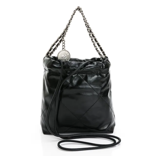 【CHANEL 香奈兒】22 Mini Bag 仿舊銀色金屬logo菱格縫線小牛皮斜背包/肩背包(黑/銀)『entrupy安心購』
