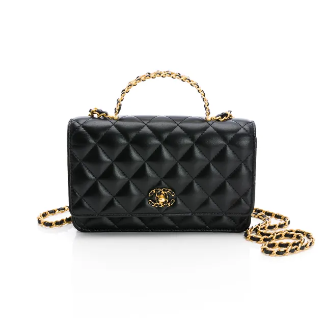 【CHANEL 香奈兒】24C 19WOC 頂部文字logo提把(黑-雙色鏈帶-金色logo)