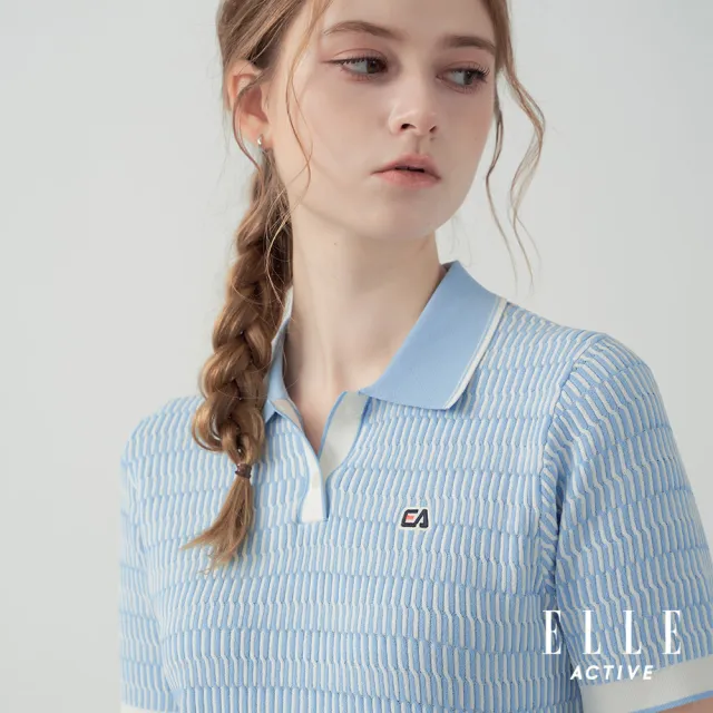 【ELLE ACTIVE】女款 清新條紋針織POLO領短袖上衣-淺藍色(EA25S1W5107-31)