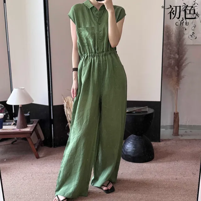 【初色】簡約棉麻風翻領工裝寬鬆顯瘦鬆緊腰短袖連身連體褲顯瘦褲-共2色-13771(M-2XL可選)