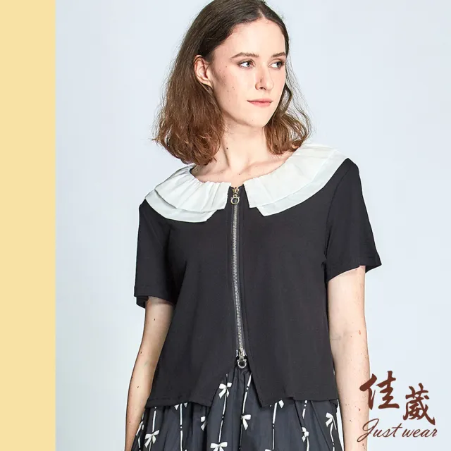 【Just Wear 佳葳】素雅大翻領針織上衣(女上衣/女上著/拉鍊/短袖/撞色/棉質/條紋)