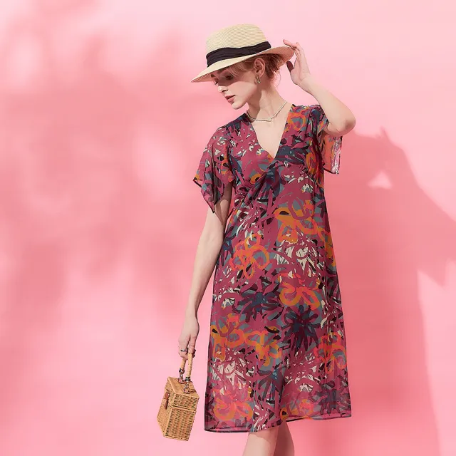 【ICHE 衣哲】Cop.Copine 法國原裝進口微甜花卉印花雪紡洋裝