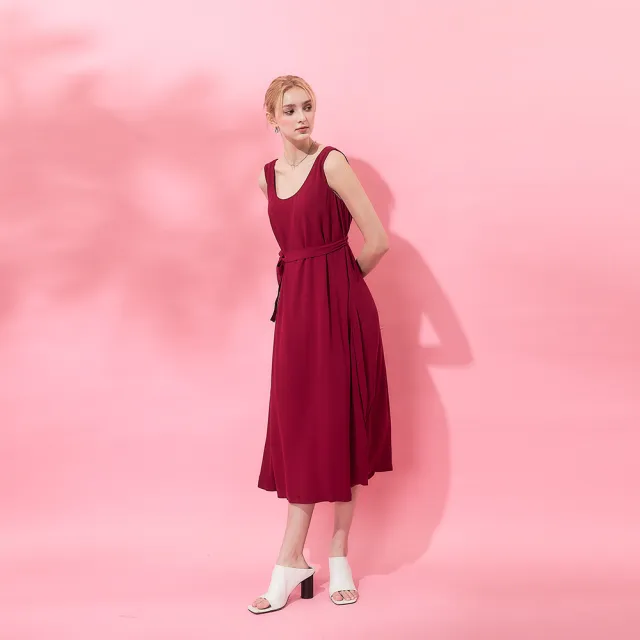 【ICHE 衣哲】Cop.Copine 法國原裝進口簡約輕禮服顯白潤紅綁帶紅洋裝