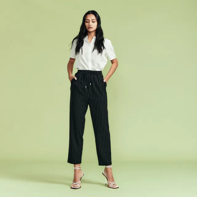 【ICHE 衣哲】Cop.Copine 法國原裝進口簡約經點直條紋鬆緊腰造型長褲