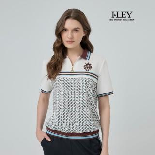 【ILEY 伊蕾】山形紋拼接POLO領上衣(淺藍；M-2L；1252361005)