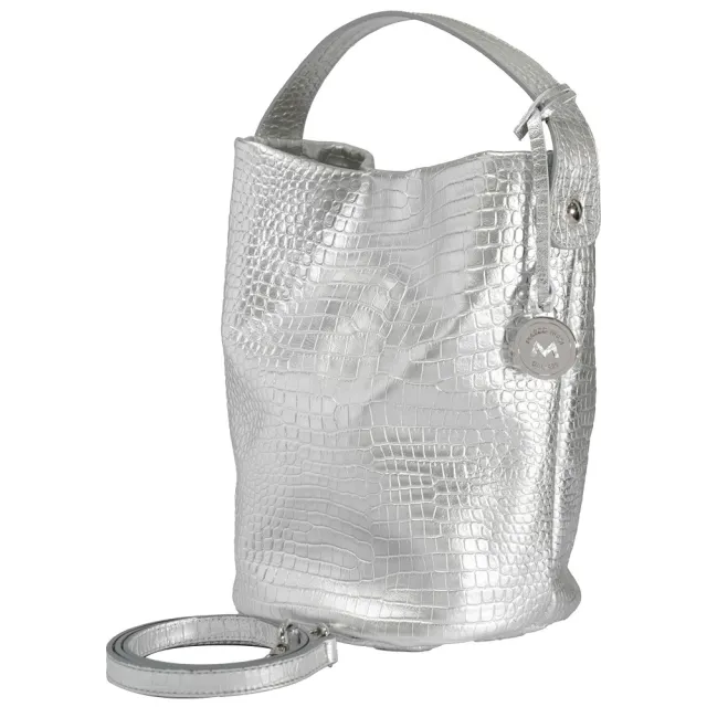 【Marco Masi Milano】義大利手工真皮包包 小牛皮鱷魚壓紋銀色水桶包(肩背兩用包 冰河銀)
