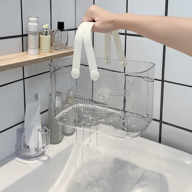 【樂居家】透明手提盥洗收納籃(瀝水籃 沐浴籃 旅行外出游泳露營 水果籃 澡堂籃)