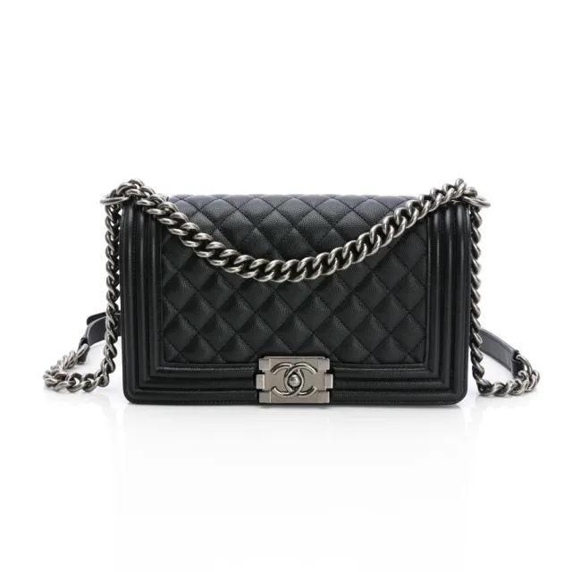 【CHANEL 香奈兒】荔枝牛皮菱格紋銀釦 Boy Chanel 25cm(黑色)