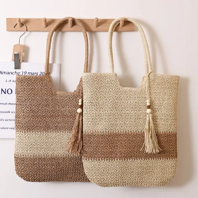【米蘭精品】現貨+預購 女草編包手提包渡假單肩側背包大容量藤編織包包(流蘇雙色2色t1ly63)