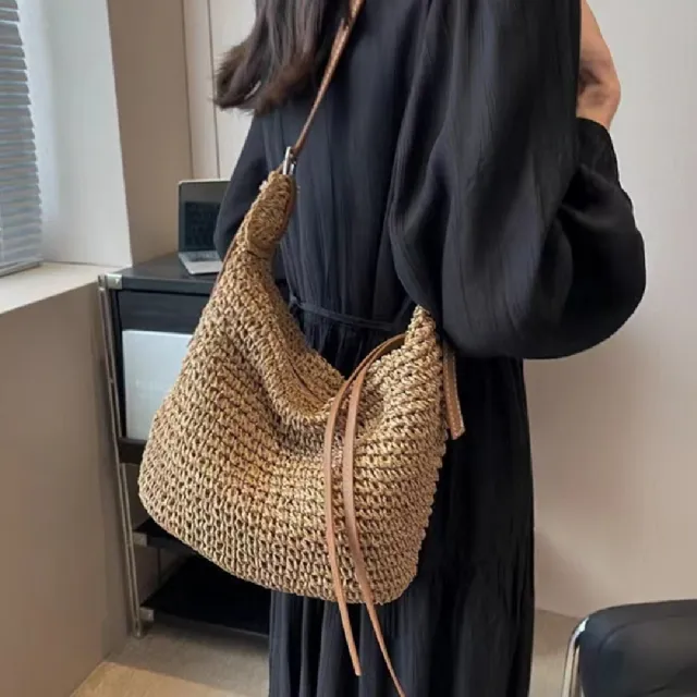 【米蘭精品】現貨+預購 女草編包手提包渡假單肩側背包大容量藤編織包包(U型紙繩餃子包2色t1ly38)