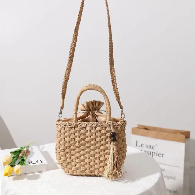 【米蘭精品】現貨+預購 女草編包手提包渡假單肩側背包大容量藤編織包包(木珠流蘇斜挎2色t1ly66)