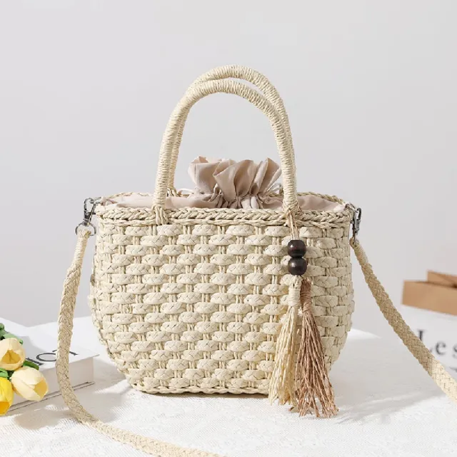 【米蘭精品】現貨+預購 女草編包手提包渡假單肩側背包大容量藤編織包包(木珠流蘇斜挎2色t1ly66)