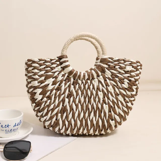 【米蘭精品】現貨+預購 女草編包手提包渡假單肩側背包大容量藤編織包包(手提月亮5色t1ly50)