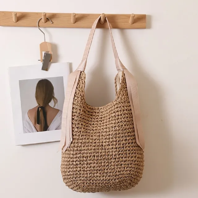 【米蘭精品】現貨+預購 女草編包手提包渡假單肩側背包大容量藤編織包包(飄帶勾針4色t1ly20)