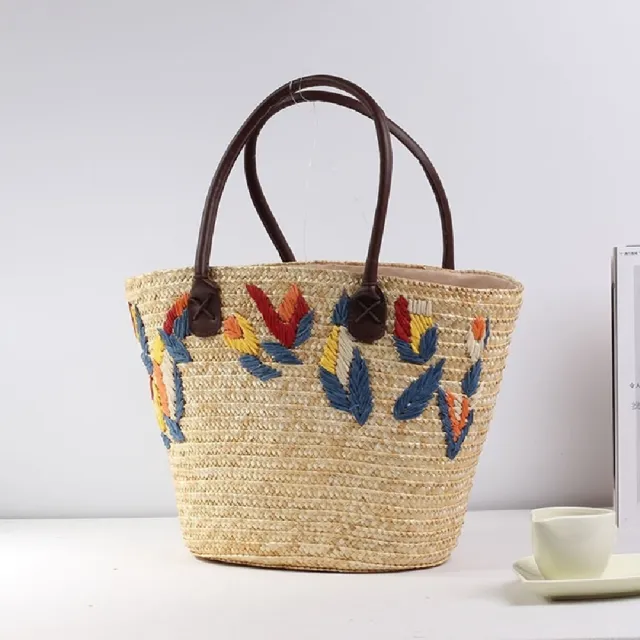 【米蘭精品】現貨+預購 女草編包手提包渡假單肩側背包大容量藤編織包包(刺繡草編手提包t1ly55)