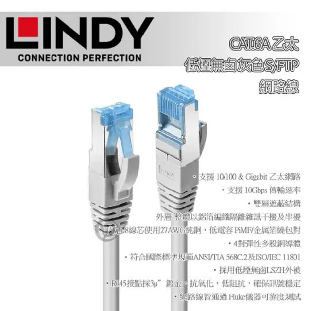 【LINDY 林帝】LINDY 林帝 CAT.6A 乙太 低煙無鹵 網路線 S/FTP 灰色 5m 47136