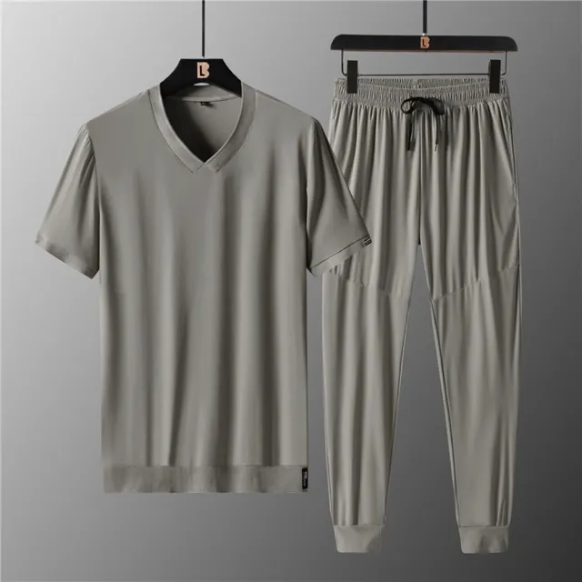 【米蘭精品】現貨+預購 男休閒套裝短袖褲裝夏季冰絲V領大碼運動服速乾薄款兩件式寬鬆(男裝4色t1lg89)