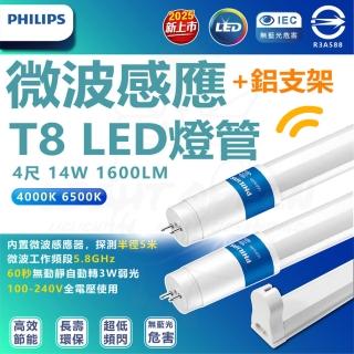 【Philips 飛利浦】5入組 大同鋁支架套組 4尺 14W 微波感應 T8 LED燈管 感應燈管(白光/自然光)