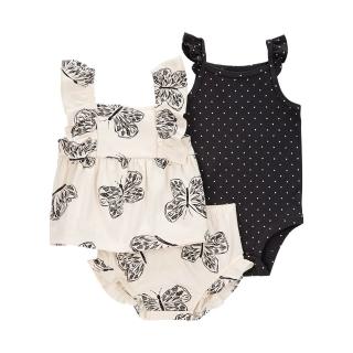 【Carter’s】蝴蝶與點點嬰兒3件組純棉套裝〔包屁衣/上衣/短褲〕(原廠公司貨 童裝)