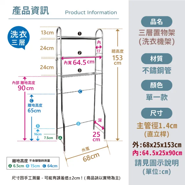 【VENCEDOR】不銹鋼三層架 落地收納架 洗衣機置物架(收納架 雜物架 馬桶架 洗衣架機 洗三-2入)