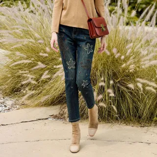 【MYVEGA 麥雪爾】重工藝燙鑽刺繡刷色丹寧牛仔褲-藍