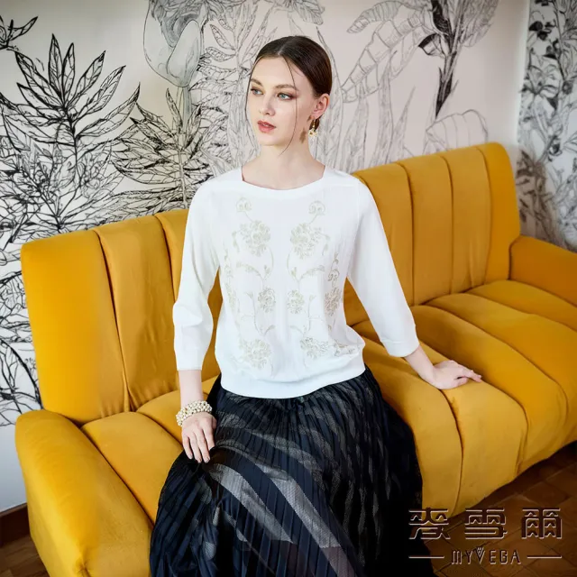 【MYVEGA 麥雪爾】天絲金蔥花卉刺繡針織上衣-白