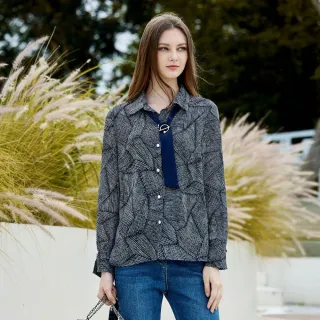 【MYVEGA 麥雪爾】不規則條紋領巾造型雪紡上衣-深藍(通勤風)