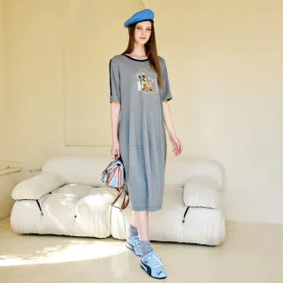 【MYVEGA 麥雪爾】高含棉花卉燙金休閒長洋裝-灰(素色洋裝/)