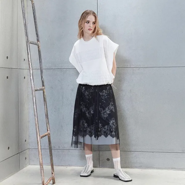 【ICHE 衣哲】Cop.Copine 法國原裝進口黑紗立體刺繡層次感半長圓裙