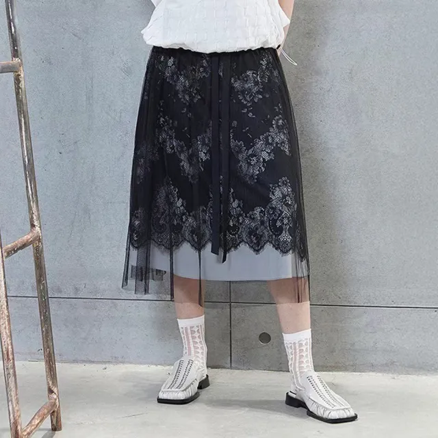 【ICHE 衣哲】Cop.Copine 法國原裝進口黑紗立體刺繡層次感半長圓裙