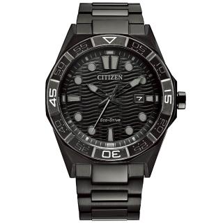 【CITIZEN 星辰】GENTS系列 波浪紋 光動能黑鋼腕錶 父親節推薦款/42mm(AW1855-52E)