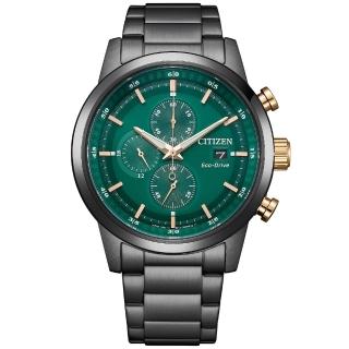 【CITIZEN 星辰】Chronograph系列 光動能三眼計時腕錶/綠面43mm(CA0746-85X)