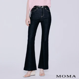 【MOMA】修長撞色車縫線毛邊小喇叭牛仔褲(深藍色)