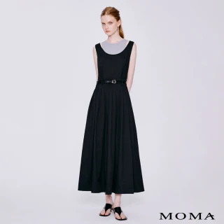 【MOMA】個性挖肩假兩件式百褶長洋裝(黑色)