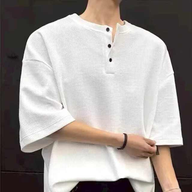 【AMERO】男裝 女裝 短袖華夫格T恤(男裝 女裝 短袖T恤 華夫格 亨利領 寬鬆 排扣)