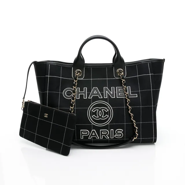 【CHANEL 香奈兒】DEAUVILLE皮革字母LOGO 帆布縫線格紋鏈帶手提包/斜背包(黑/大型)