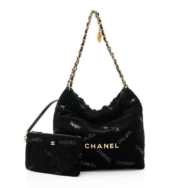 【CHANEL 香奈兒】22系列金色LOGO Handbag 天鵝絨亮片肩背包(黑/金)『entrupy安心購』