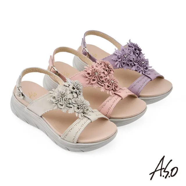【A.S.O 阿瘦集團】A.S.O 舒活美型系列-水鑽花朵真皮休閒涼鞋(女鞋_3色任選)