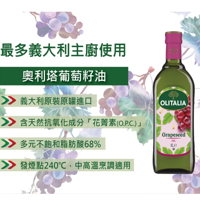 【Olitalia 奧利塔】葡萄籽油料理組(1000mlx6瓶)