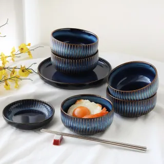 【Just Home】藏藍陶瓷8件碗盤餐具組-2款可選(可微波 碗 飯碗 湯碗 麵碗 湯匙)