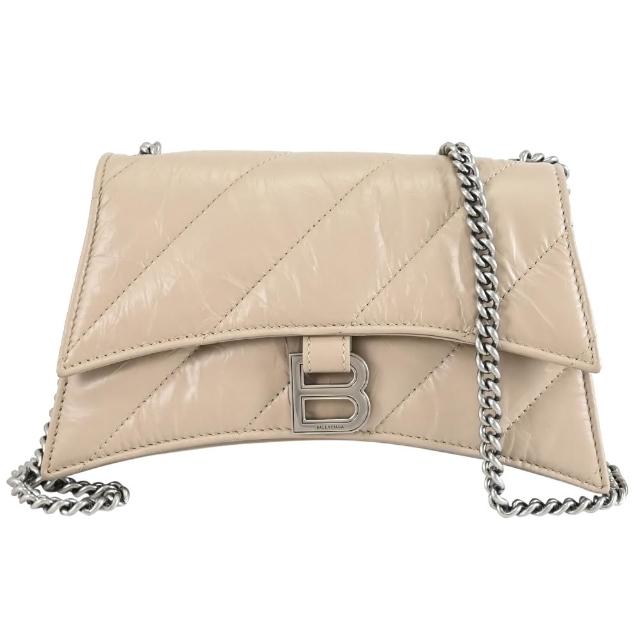 【Balenciaga 巴黎世家】CRUSH 經典B字LOGO揉製牛皮沙漏包鍊包斜背包(灰褐)