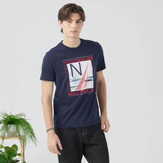 【NAUTICA】官方旗艦 男裝  科技感金屬色LOGO短袖T恤(深藍色)