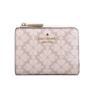 【KATE SPADE】黑桃印花滿版L型拉鍊對釦短夾(米色/灰褐色)