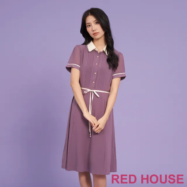 【RED HOUSE 蕾赫斯】簡約壓褶門襟綁帶洋裝(共2色)