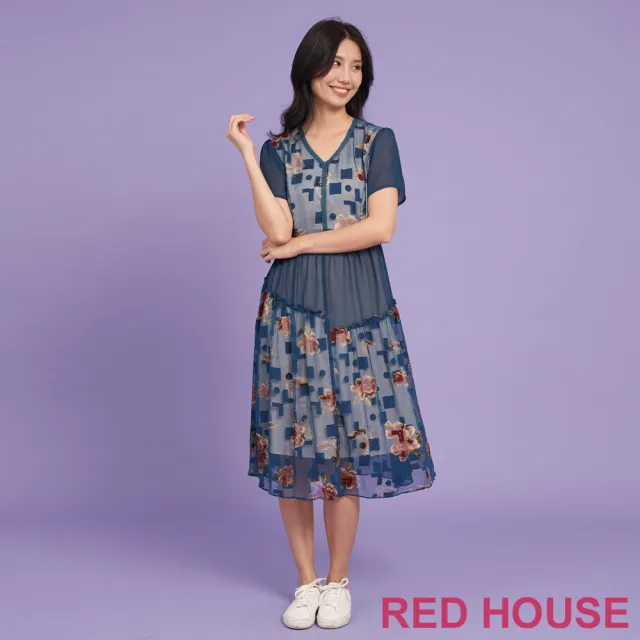 【RED HOUSE 蕾赫斯】不對稱剪接幾何花朵印花洋裝(深藍色)
