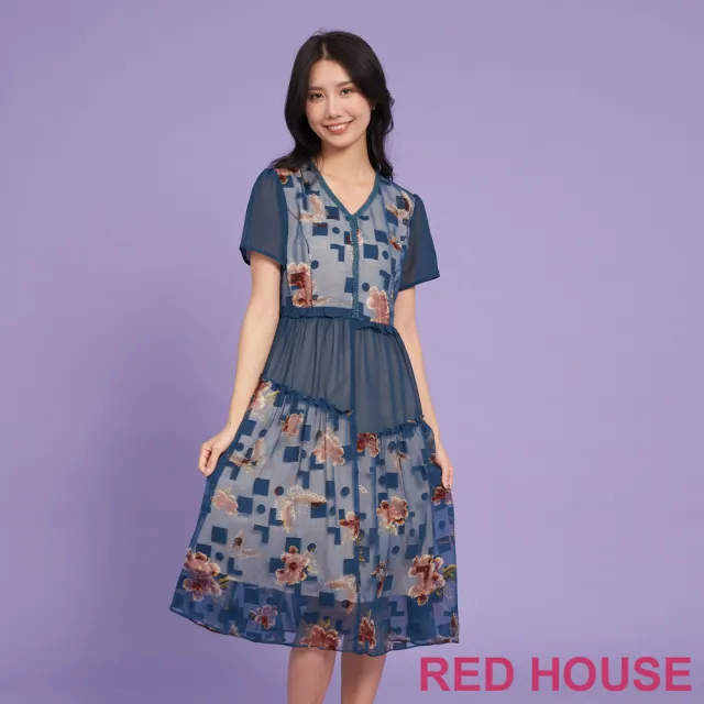 【RED HOUSE 蕾赫斯】不對稱剪接幾何花朵印花洋裝(深藍色)