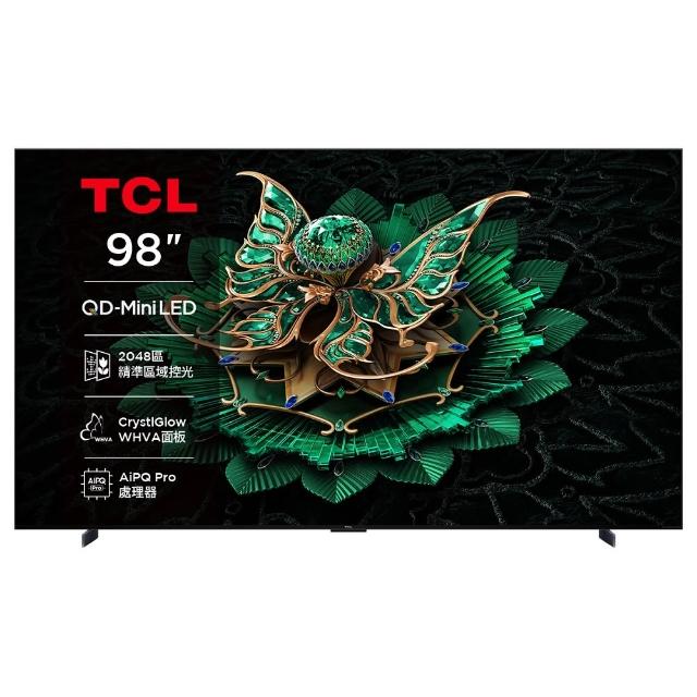 TCL 98C7K 是一款85吋以上4K解析度的智慧電視，提供高畫質視覺體驗與環繞音效。內建英文功能選單，電源需求為110V，支援4組HDMI高畫質數位影音端子，並含桌上型基本安裝服務。產品來自中國，保固期為1年。