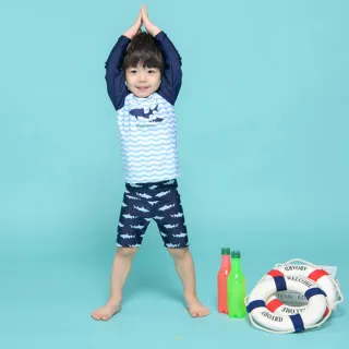 【橘魔法】海浪鯊魚防曬泳衣 防寒衣+五分泳褲+泳帽 三件式 泳裝(玩水褲 兒童水母衣 男童 長袖泳衣)